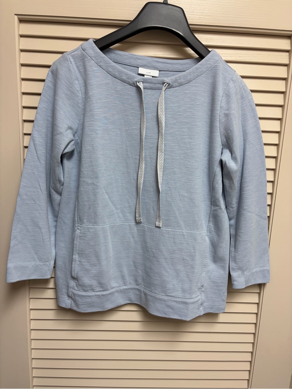 J Jill Womens S Petite Blue Slub Knit Pullover Top Drawstring Kangaroo Pocket SP